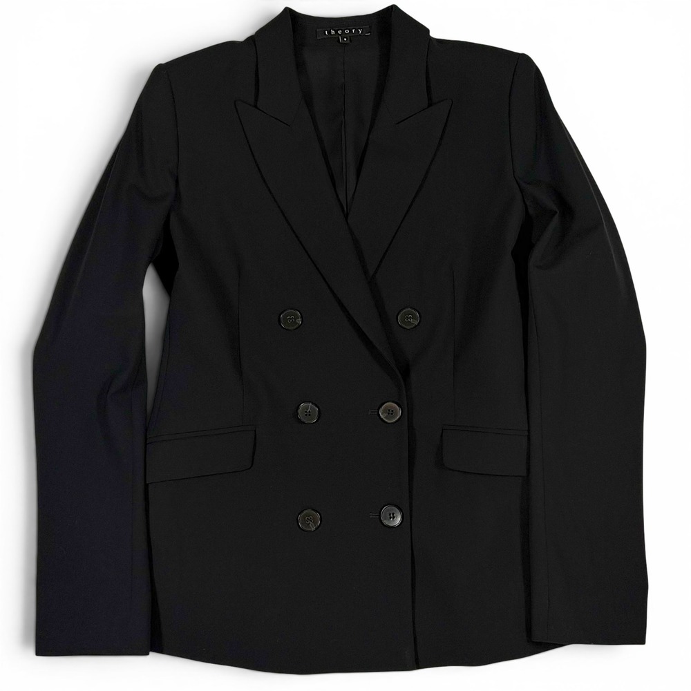 Theory Womens Black Double Breasted Wool Lycra Stretch Blazer Jacket Size 8 - Picture 3 of 14